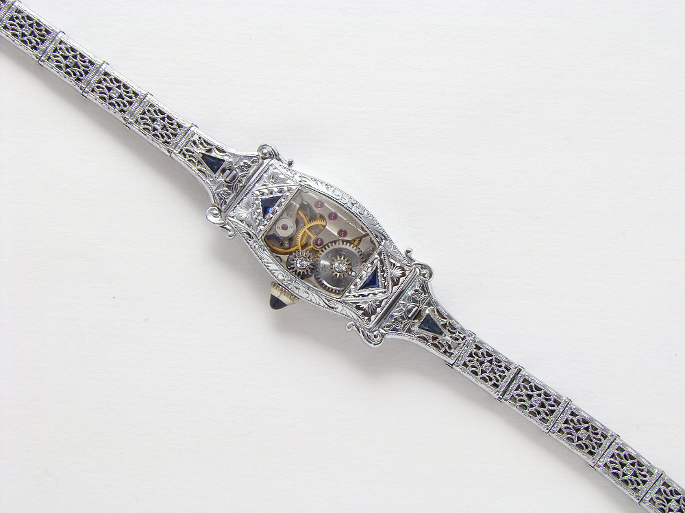 Steampunk Bracelet Art Deco antique watch movement gears white gold filled filigree blue sapphire Swarovski crystal