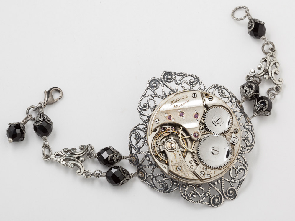 Steampunk Bracelet pocket watch movement gears silver filigree black crystal Steampunk jewelry