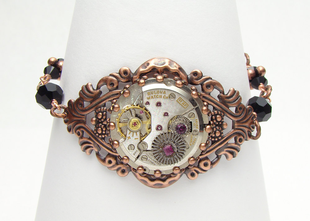 Steampunk bracelet silver watch movement gears genuine red ruby copper filigree Victorian black crystal