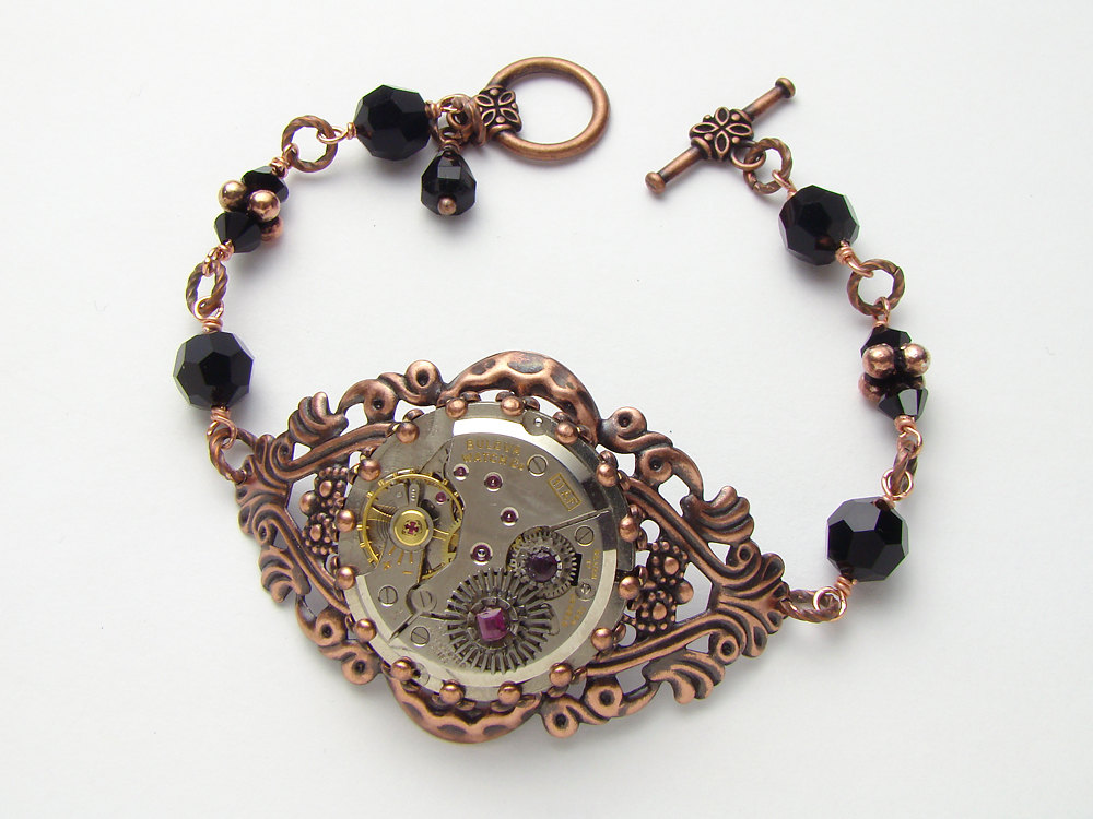 Steampunk bracelet silver watch movement gears genuine red ruby copper filigree Victorian black crystal