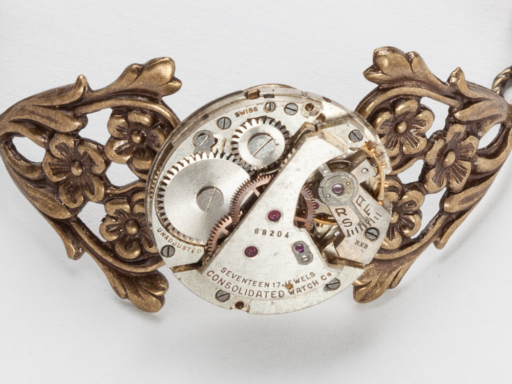 Steampunk Bracelet silver watch movement gears ruby red opal crystal gold flower filigree