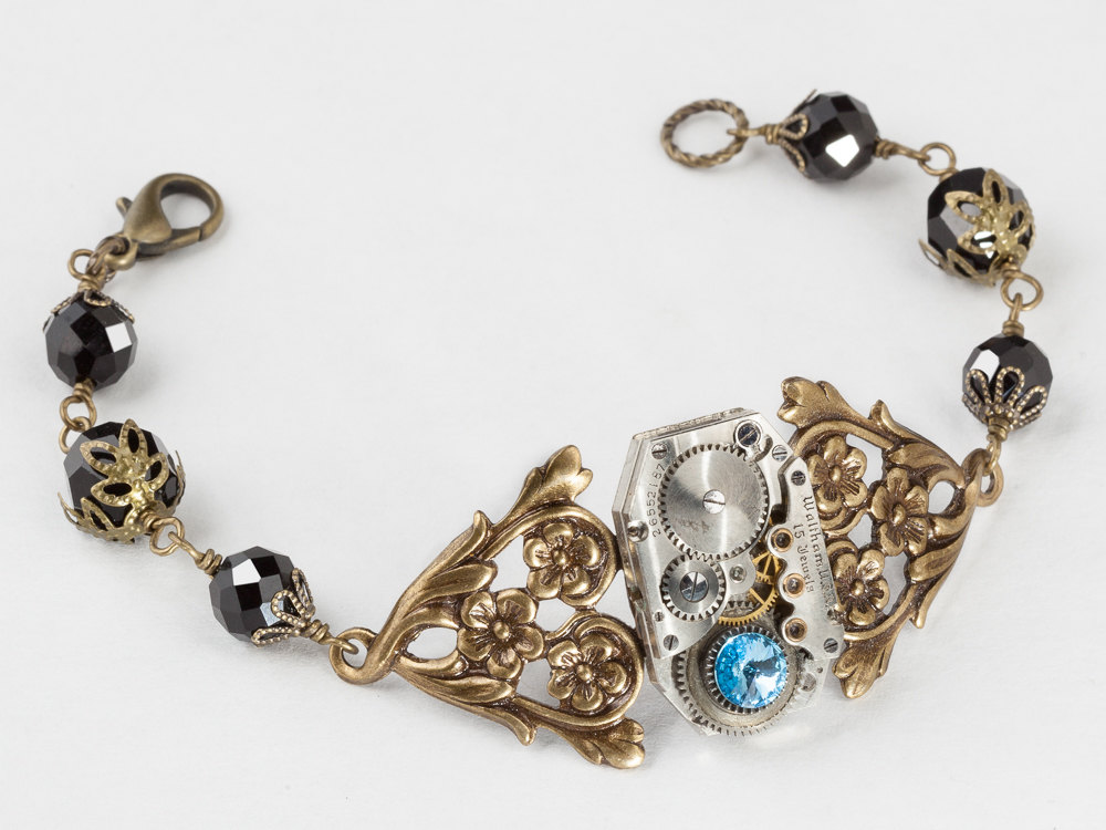Steampunk Bracelet silver watch movement gears with leaf filigree blue aquamarine black crystal beaded flower gold bracelet