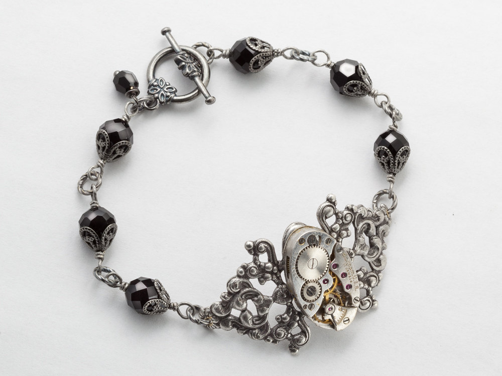Steampunk Bracelet Waltham watch movement gears silver filigree flower jet black crystal beaded bracelet
