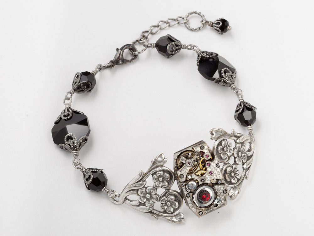 Steampunk Bracelet watch movement gears black red crystal silver flower leaf filigree jewelry