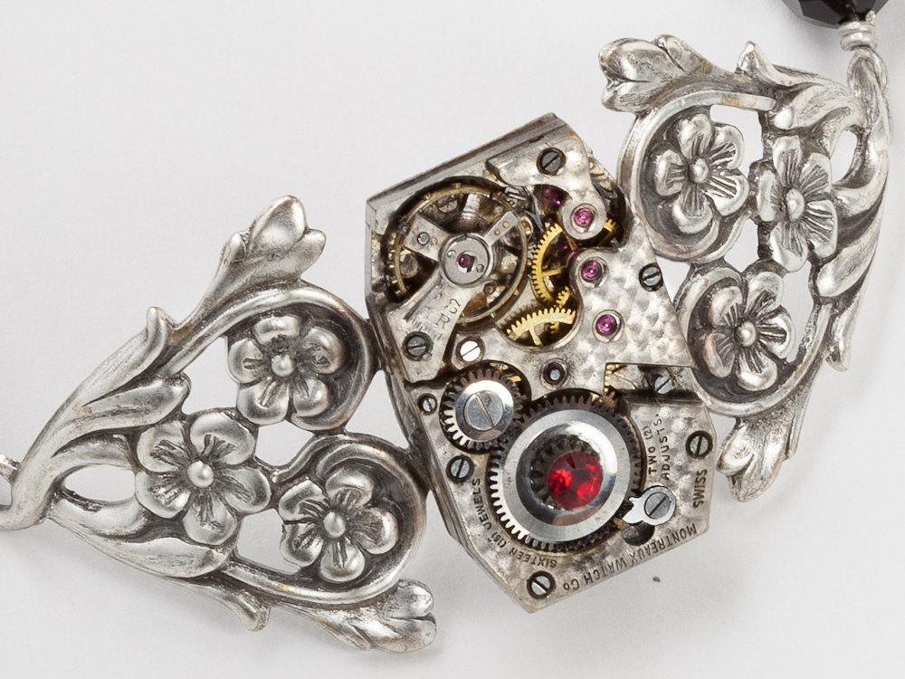 Steampunk Bracelet watch movement gears black red crystal silver flower leaf filigree jewelry