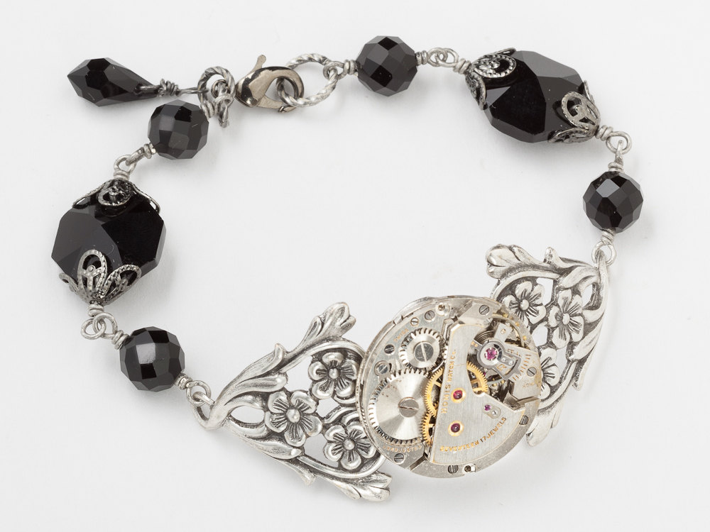 Steampunk Bracelet watch movement gears jet black crystal silver flower leaf filigree jewelry