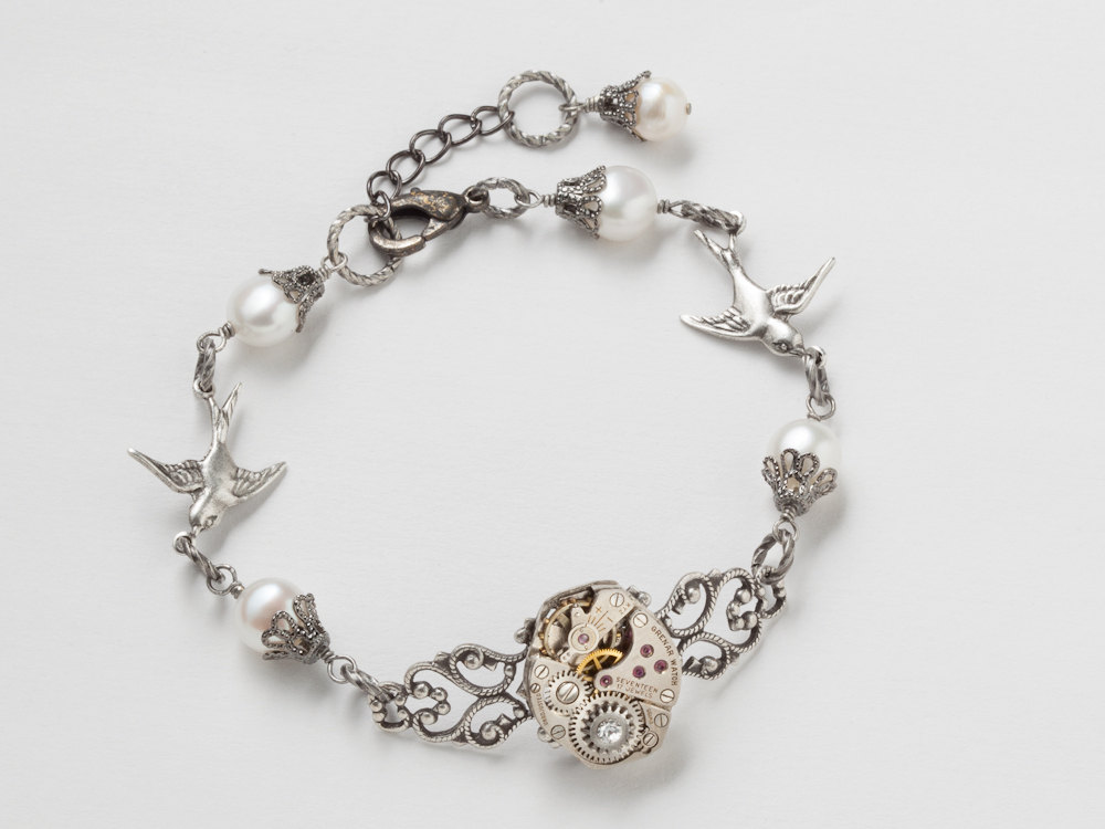 Steampunk Bracelet watch movement gears silver filigree birds pearls Swarovski crystal wedding Steampunk Jewelry
