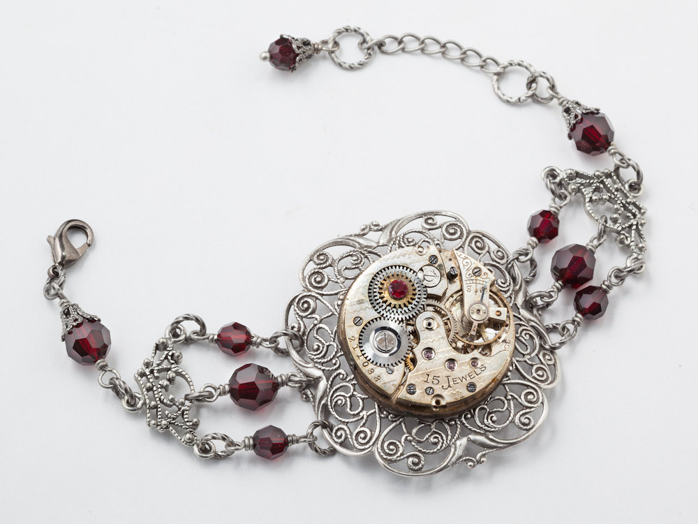 Steampunk Bracelet watch movement gears silver filigree garnet red crystal Steampunk jewelry