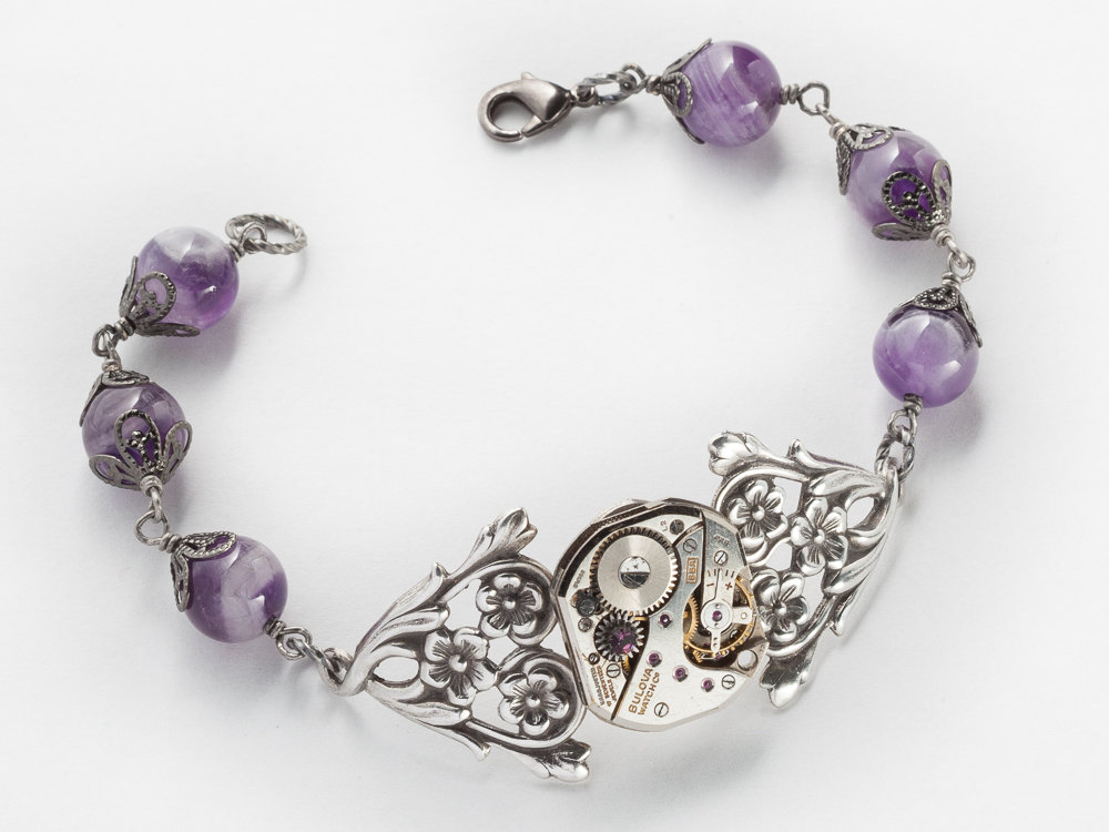 Steampunk Bracelet watch movement gears silver flower leaf filigree Amethyst purple Swarovski crystal Steampunk jewelry