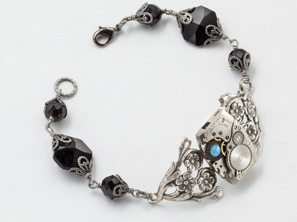 Steampunk Bracelet watch movement gears with Opal leaf filigree black crystal beaded silver flower bracelet