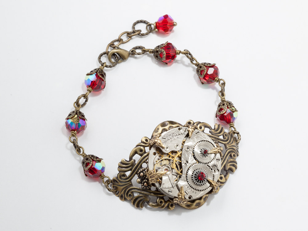 Steampunk Bracelet watch movement silver gears gold filigree ruby red crystal Steampunk jewelry