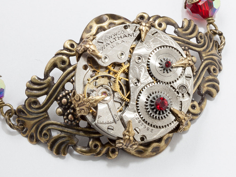 Steampunk Bracelet watch movement silver gears gold filigree ruby red crystal Steampunk jewelry