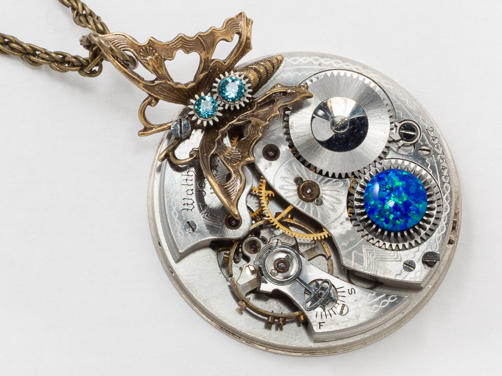 Steampunk Butterfly Necklace with Waltham Silver Pocket Watch Movement Flower Engraving Blue Topaz Crystal and Opal