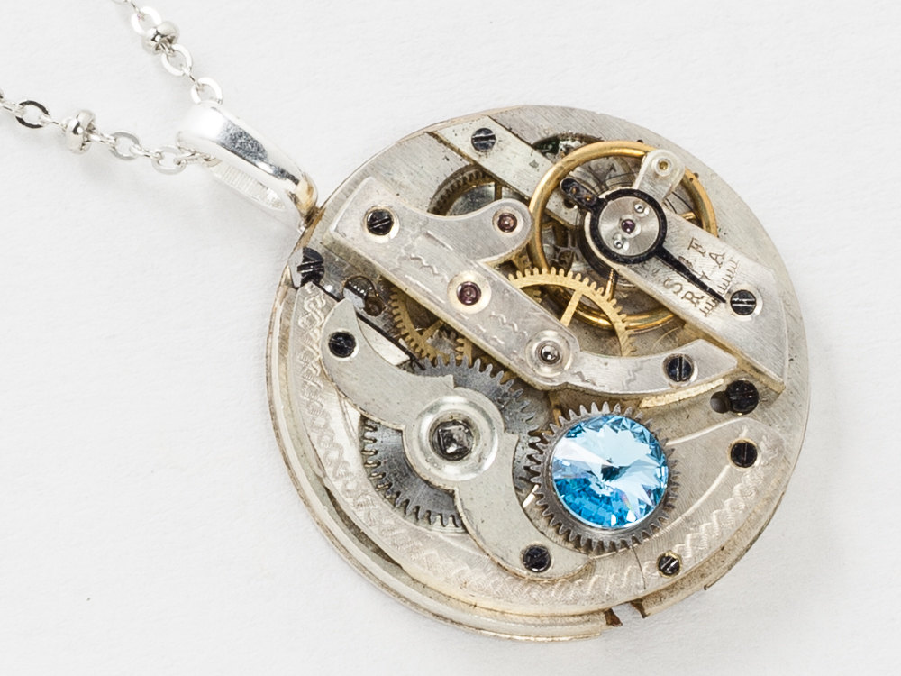 Steampunk Clockwork Necklace Pocket Watch Movement with Blue Aquamarine Crystal Pendant and Silver Chain Statement Jewelry