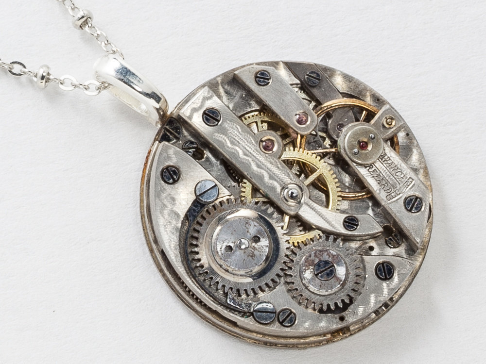Steampunk Clockwork Necklace Pocket Watch Movement with Engraving Pendant on Silver Chain Watch Pendant Statement Jewelry
