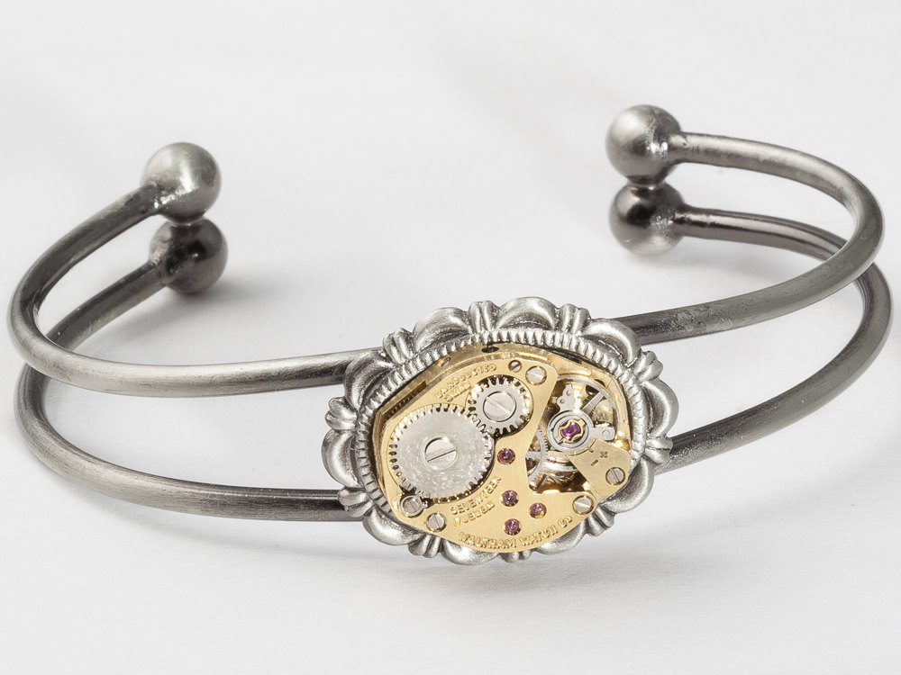 Steampunk Cuff Bracelet Bulova gold watch movement gears silver Victorian Clock work Steampunk jewelry