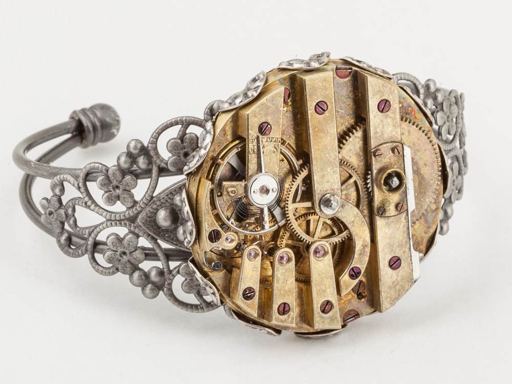 Steampunk Cuff Bracelet gold Victorian key wind watch movement gears silver flower filigree Steampunk jewelry