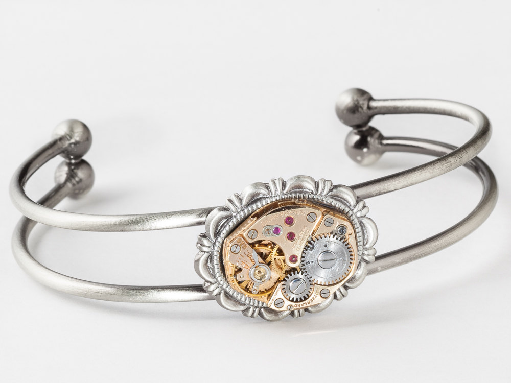 Steampunk Cuff Bracelet rose gold watch movement gears silver Victorian Clock work Steampunk jewelry