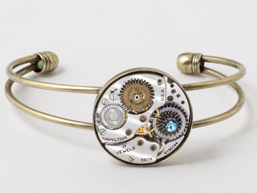 Steampunk Cuff Bracelet silver Hamilton watch movement gears gold bracelet with blue crystal Steampunk jewelry