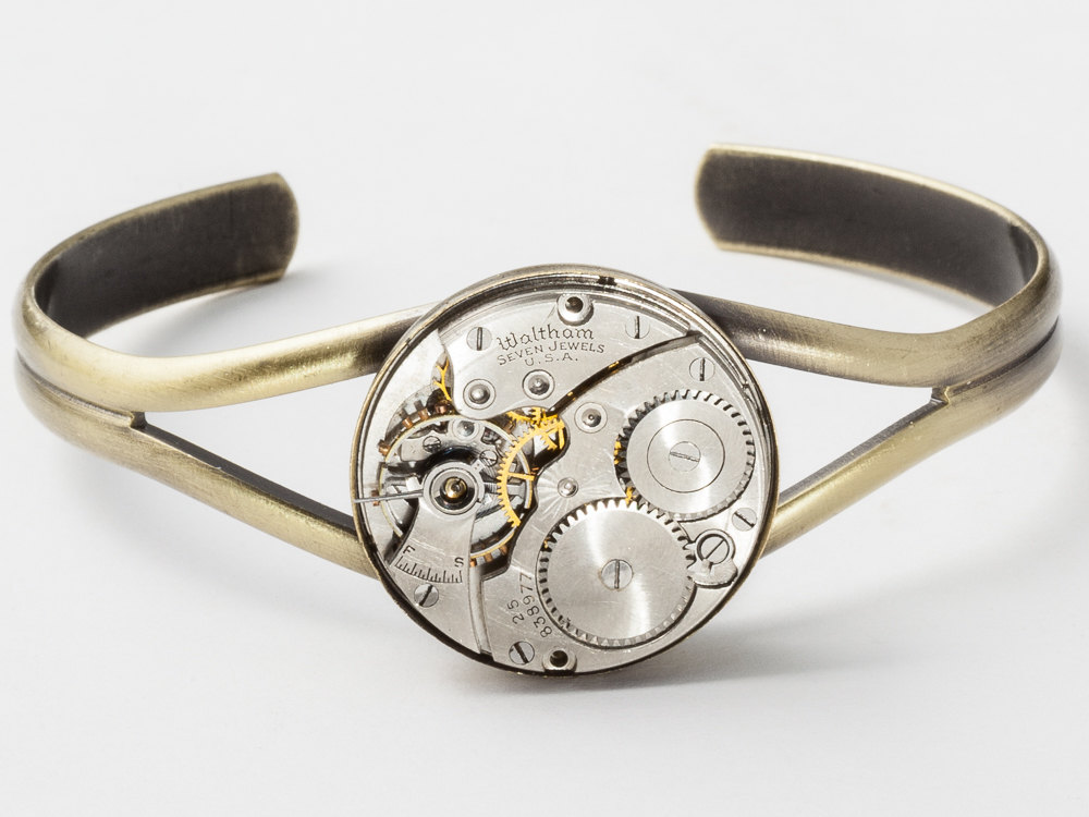 Steampunk Cuff Bracelet silver Waltham pocket watch movement gears gold Steampunk jewelry unisex mens womens