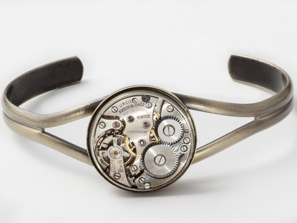 Steampunk Cuff Bracelet silver watch movement gears gold Steampunk jewelry unisex mens womens