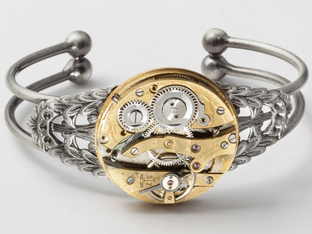 Steampunk Cuff Bracelet Victorian gold pocket watch movement gears silver leaf filigree Steampunk jewelry