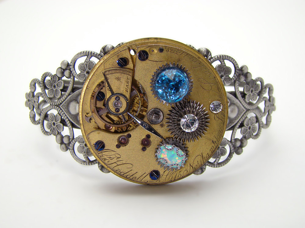 Steampunk Cuff Bracelet Victorian pocket watch movement gears silver filigree genuine opal blue crystal