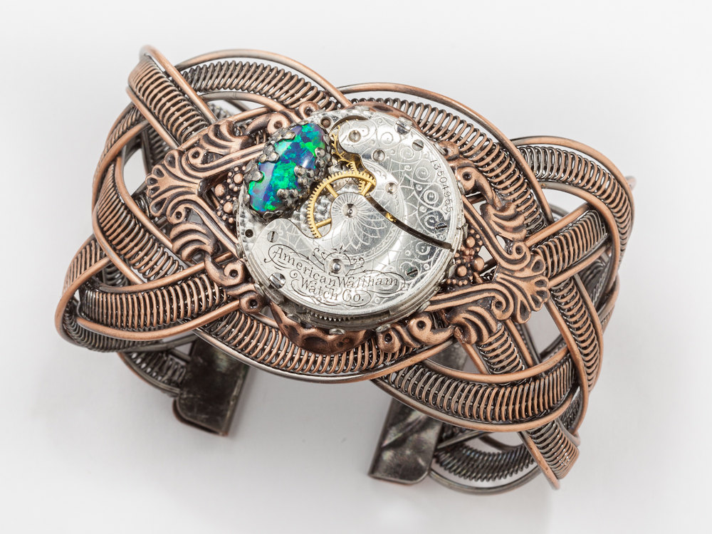 Steampunk Cuff Bracelet Victorian silver pocket watch movement copper filigree black opal Steampunk Jewelry