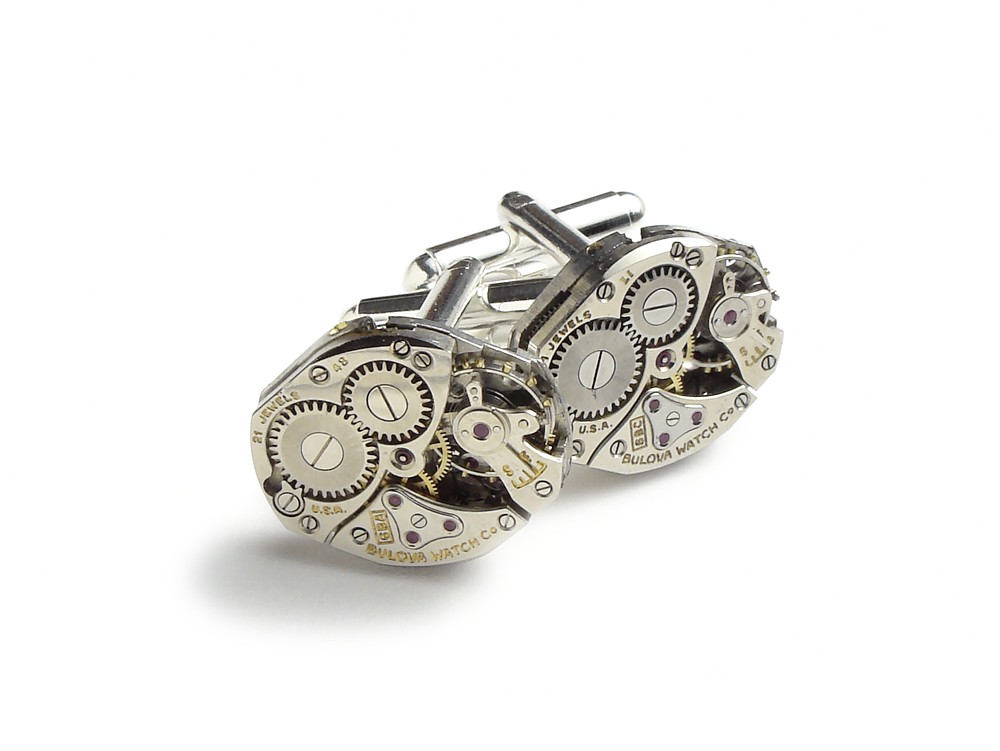 Steampunk cuff links antique Bulova 23 ruby jewel watch movements silver mens wedding anniversary cufflinks