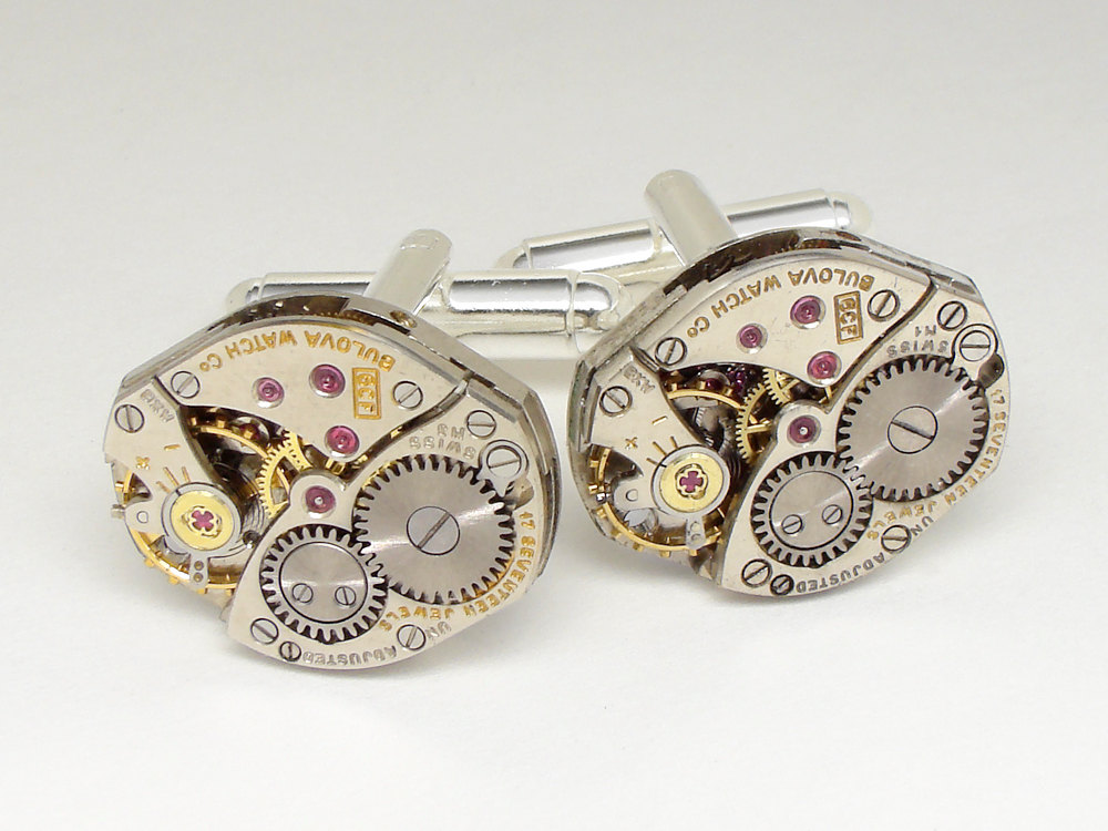 Steampunk cuff links antique Bulova watch movements silver mens wedding anniversary cufflinks