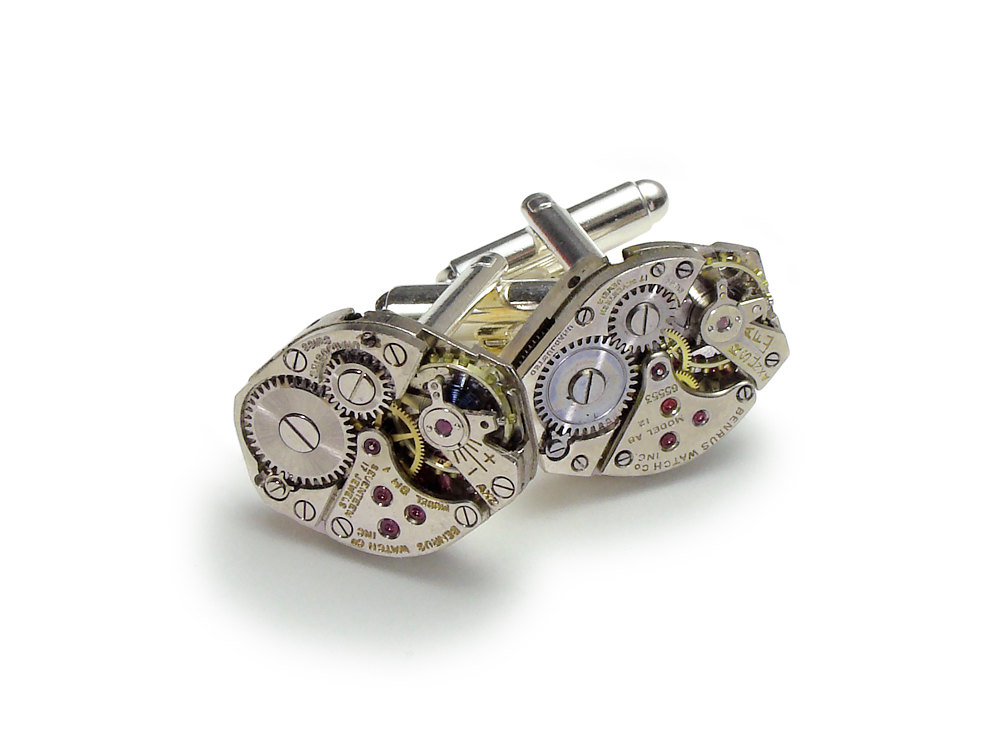 Steampunk cuff links Benrus watch movements ruby jewel silver mens wedding accessory anniversary cufflinks