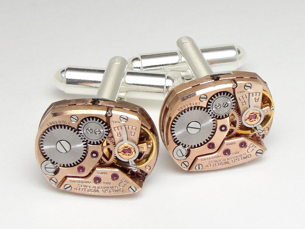 Steampunk cuff links rose gold antique Omega watch movements collectible mens wedding accessory vintage cufflinks