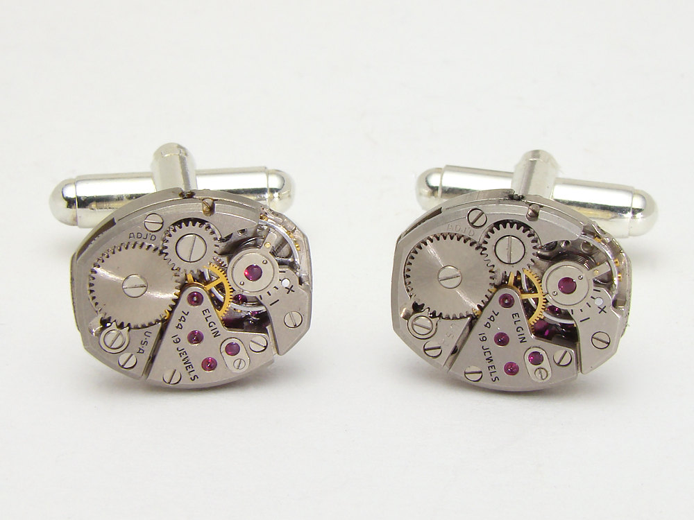 Steampunk cuff links silver antique Elgin petite oval watch movements gears mens wedding anniversary cufflinks