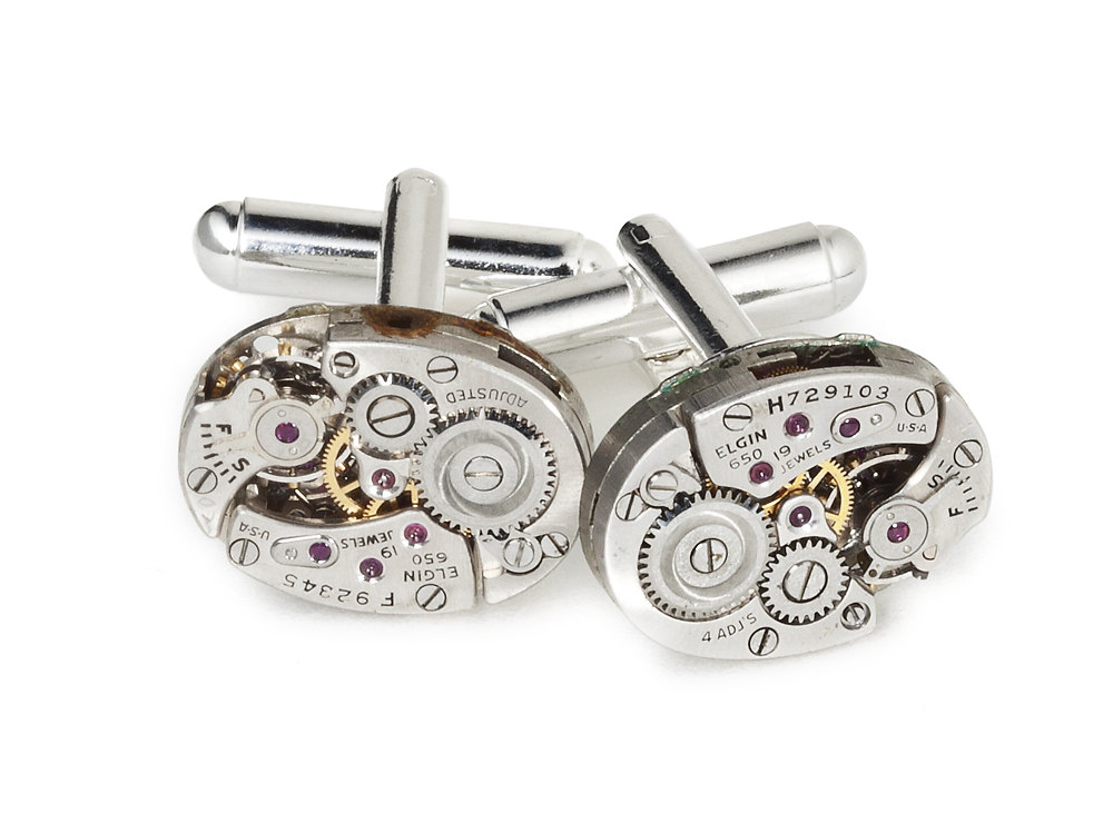 Steampunk cuff links silver Elgin oval watch movements antique gears mens wedding anniversary cufflinks