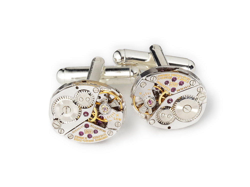 Steampunk cuff links silver Longines oval watch movements antique gears mens wedding anniversary cufflinks