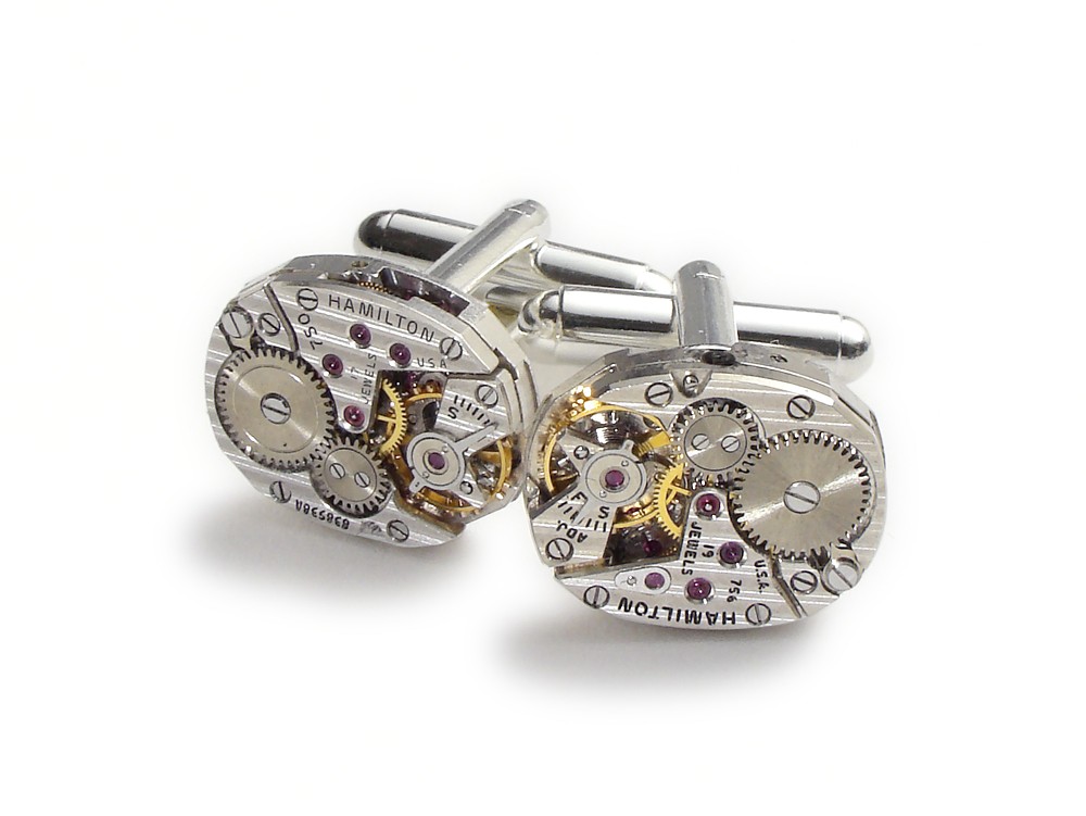 Steampunk cufflinks antique 1930 Hamilton watch movements 22 ruby jewel elegant vintage pinstripe silver mens wedding accessory anniversary cuff links