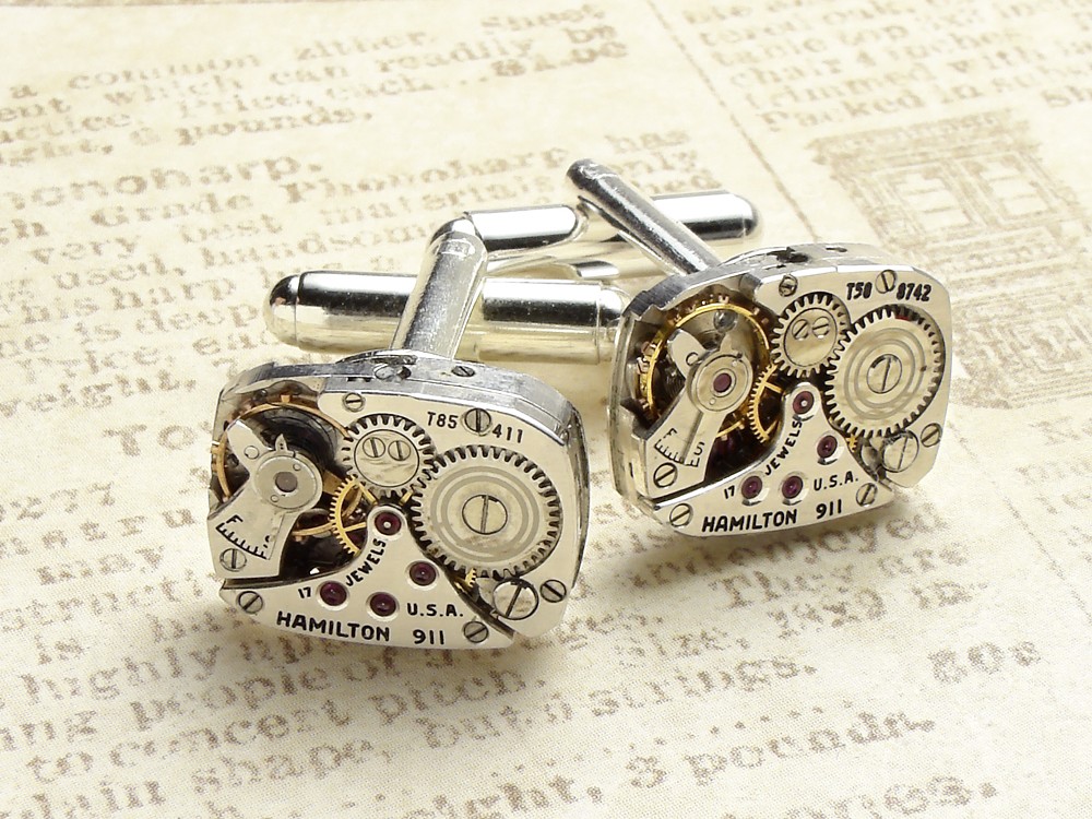 Steampunk cufflinks antique 1930 Hamilton watch movements vintage silver mens wedding accessory cuff links