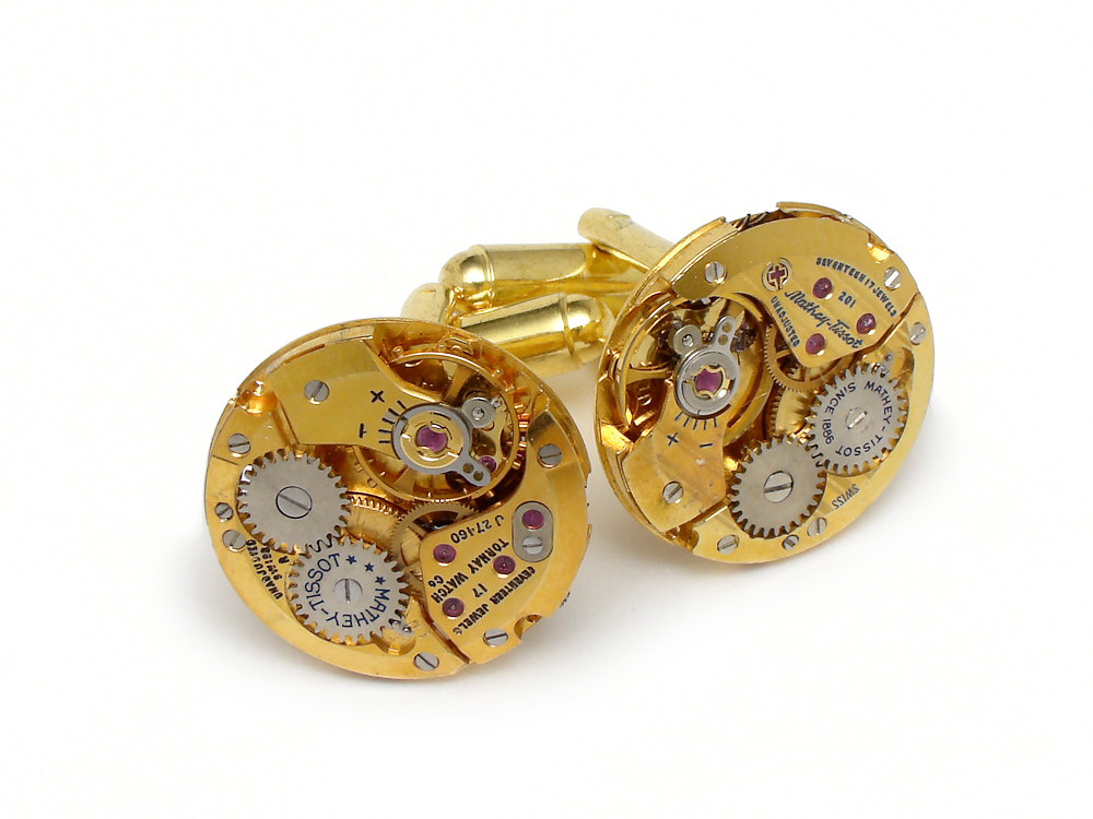 Steampunk cufflinks antique 1940 Mathey Tissot watch movements 17 ruby jewel elegant vintage pinstripe round gold mens wedding accessory anniversary cuff links