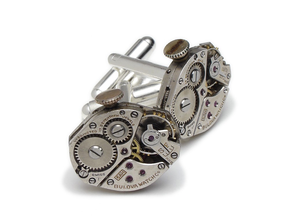 Steampunk cufflinks antique Bulova 17 ruby jewel watch movements circa 1940 silver mens wedding anniversary vintage cuff links jewelry