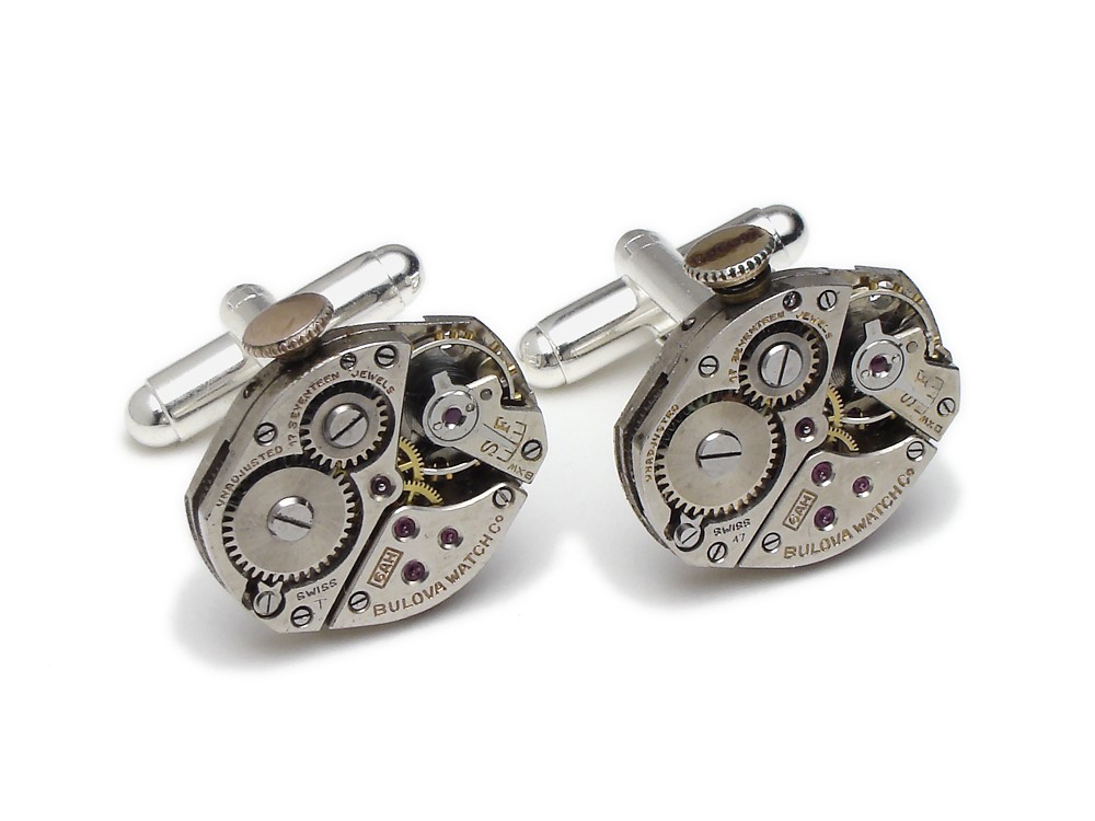 Steampunk cufflinks antique Bulova 17 ruby jewel watch movements circa 1940 silver mens wedding anniversary vintage cuff links jewelry