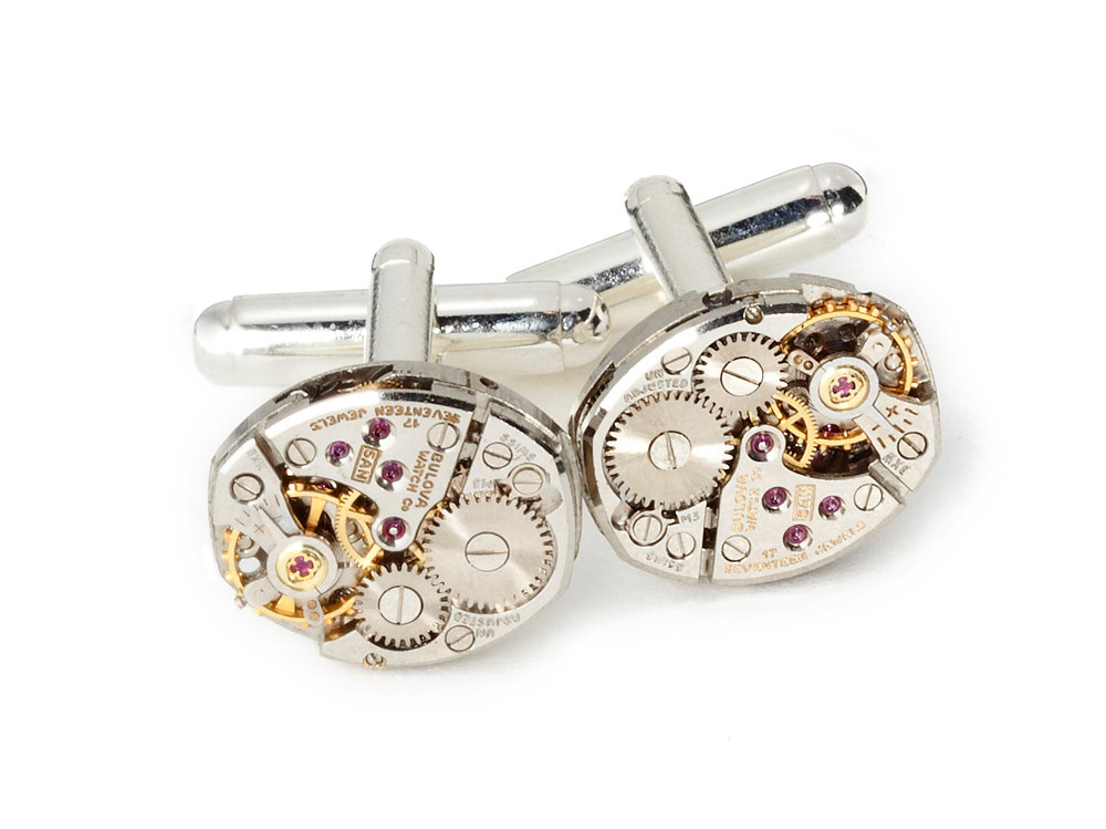 Steampunk cufflinks antique Bulova 17 ruby jewel watch movements silver mens accessory wedding cuff links