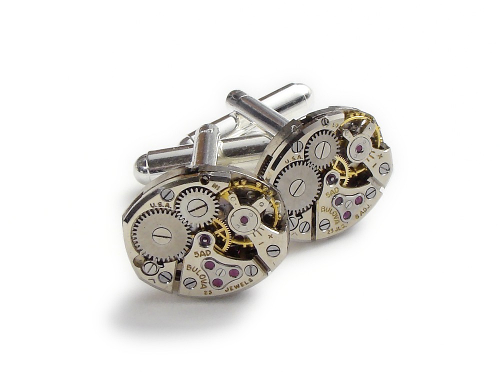 Steampunk cufflinks antique Bulova 23 ruby jewel high grade watch movements circa 1940 silver mens wedding accessory anniversary vintage cuff links