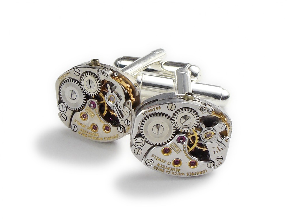 Steampunk cufflinks antique elegant Longines 17 ruby jewel rare watch movements collectible circa 1940 silver mens wedding accessory anniversary vintage cuff links