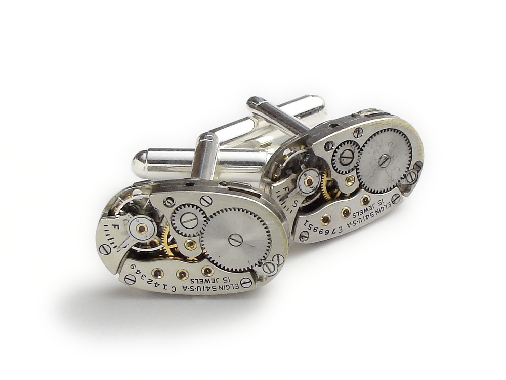 Steampunk cufflinks antique Elgin 15 ruby jewel oval watch movements circa 1930 silver mens wedding accessory anniversary cuff links