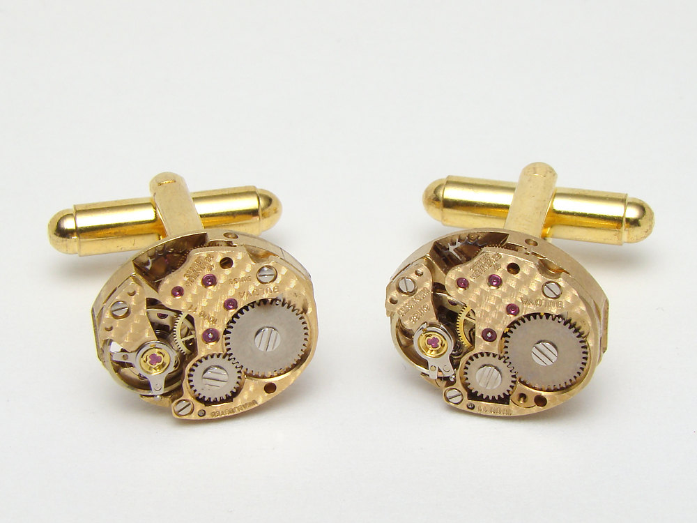 Steampunk cufflinks antique gold Bulova petite oval watch movements gears wedding watch jewelry mens cufflinks