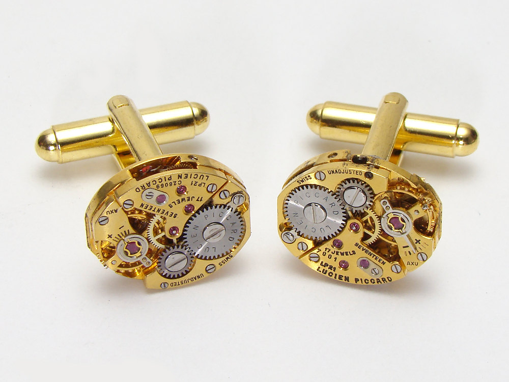 Steampunk cufflinks antique gold Lucien Piccard petite oval watch movements mens wedding accessory cuff links