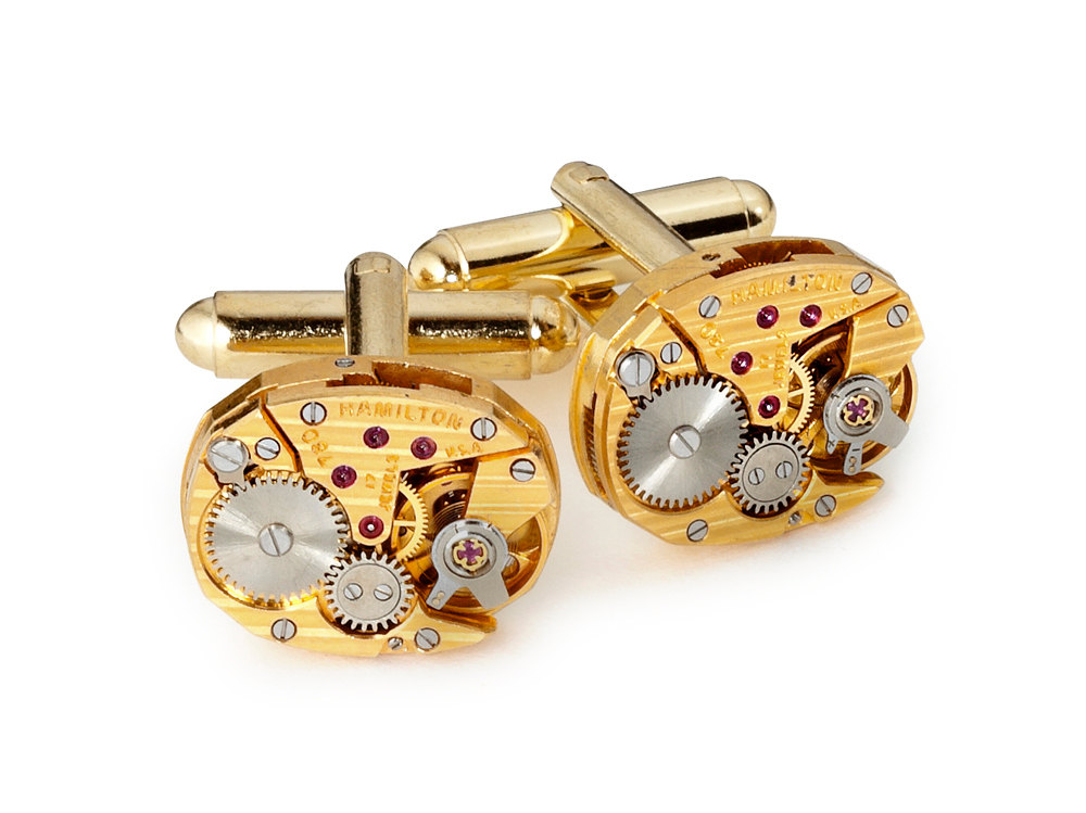 Steampunk cufflinks antique gold pinstripe oval Hamilton watch movements mens cuff links wedding accessory