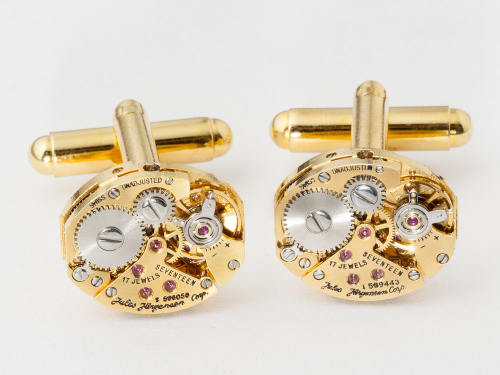 Steampunk cufflinks antique gold rare Jules Jurgensen petite oval watch movements mens wedding cuff links