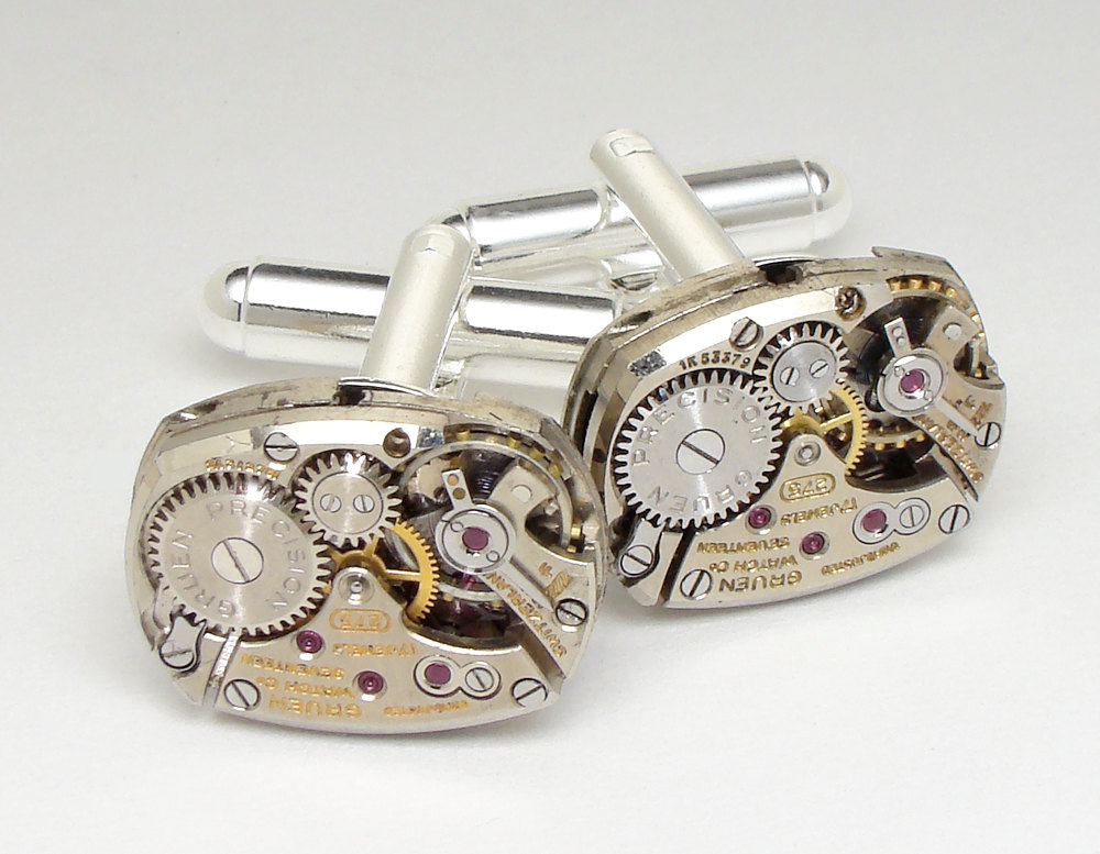 Steampunk cufflinks antique Gruen rare 17 ruby jewel watch movements circa 1940 silver mens wedding accessory anniversary cuff links