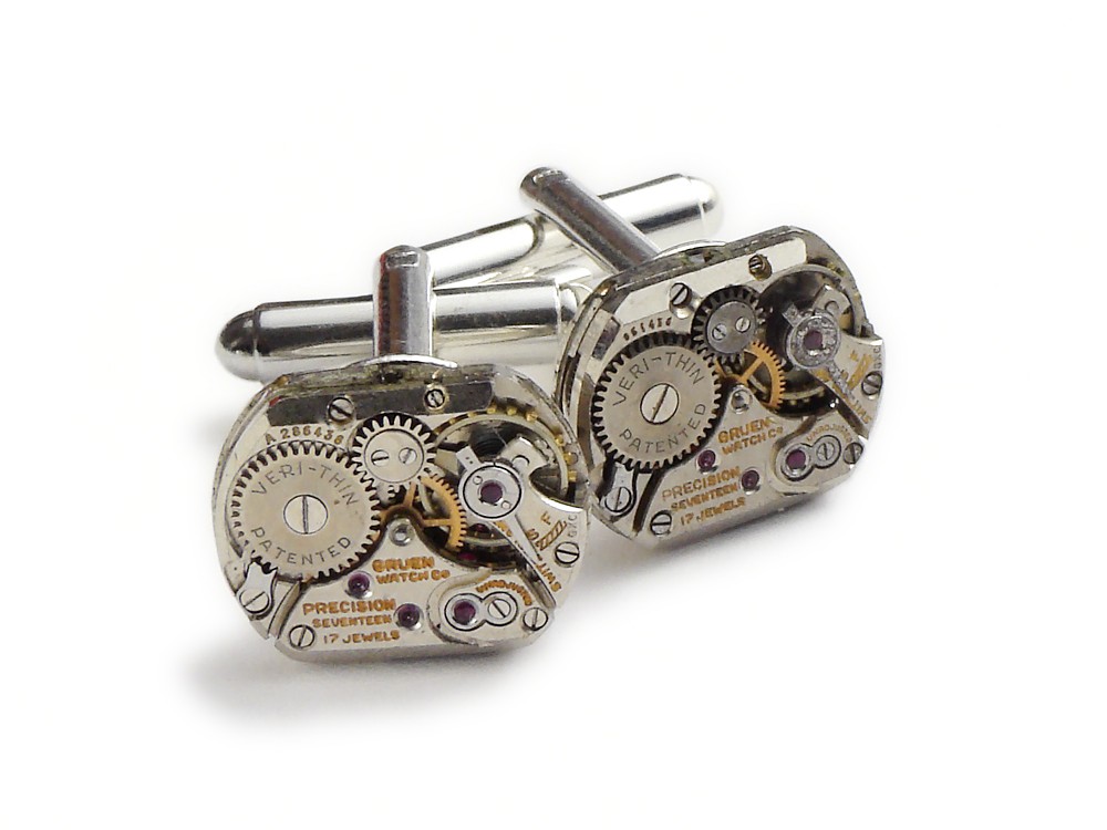 Steampunk cufflinks antique Gruen rare 17 ruby jewel watch movements circa 1940 silver mens wedding accessory anniversary vintage cuff links